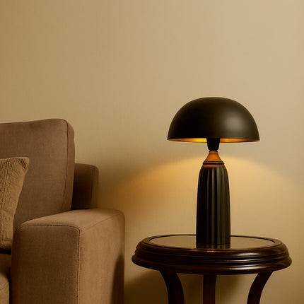 Table Lamp – Modern Matte Black Mushroom Dome Table Lamp with Ribbed Base | Minimal Bedside Desk Lighting for Luxury Contemporary Interiors