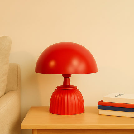 Table Lamp – Modern Coral Mushroom Dome Table Lamp with Sculpted Fluted Base | Retro Minimal Bedside Lighting for Contemporary Home Decor