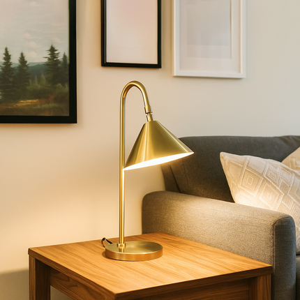 Table Lamp – Elegant Brushed Gold Cone Table Lamp with Curved Arm | Luxury Modern Reading and Office Lighting