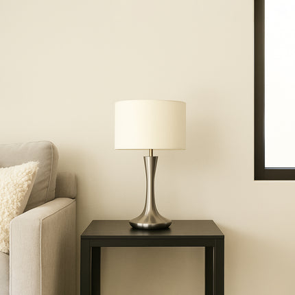 Table Lamp – Modern Metallic Silver Tulip Base Table Lamp with Large Fabric Drum Shade | Sophisticated Contemporary Interior Lighting