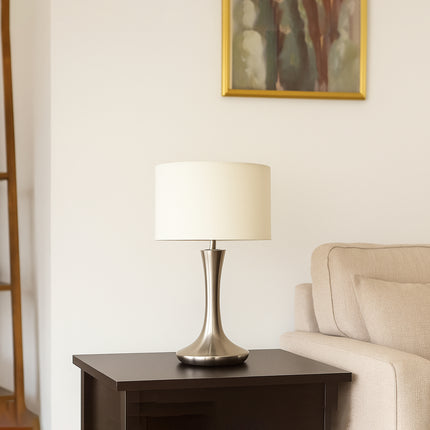 Table Lamp – Modern Metallic Silver Tulip Base Table Lamp with Large Fabric Drum Shade | Sophisticated Contemporary Interior Lighting