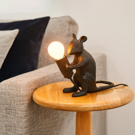 Table Lamp – Artistic Black Mouse Table Lamp Holding Exposed Bulb | Unique Animal Sculptural Accent Lighting for Modern Home Decor