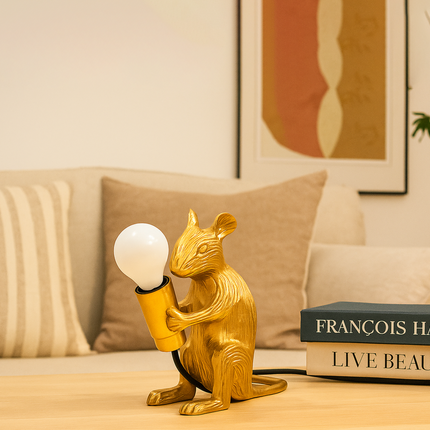 Table Lamp – Luxury Gold Mouse Table Lamp with Decorative Exposed Bulb Design | Creative Accent Lighting for Bedroom and Living Room Decor