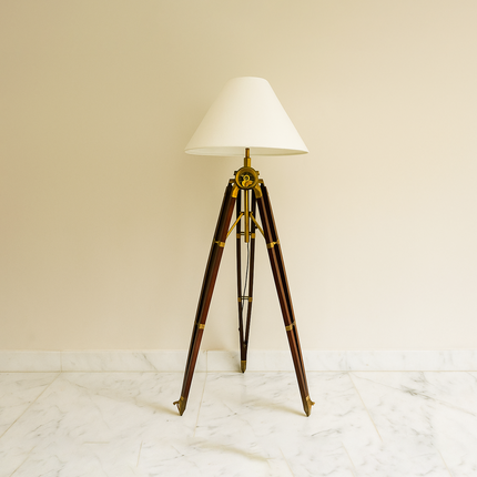 Rustic Sheesham Wood Tripod Floor Lamp - Antique Brass Finish Rose Gold