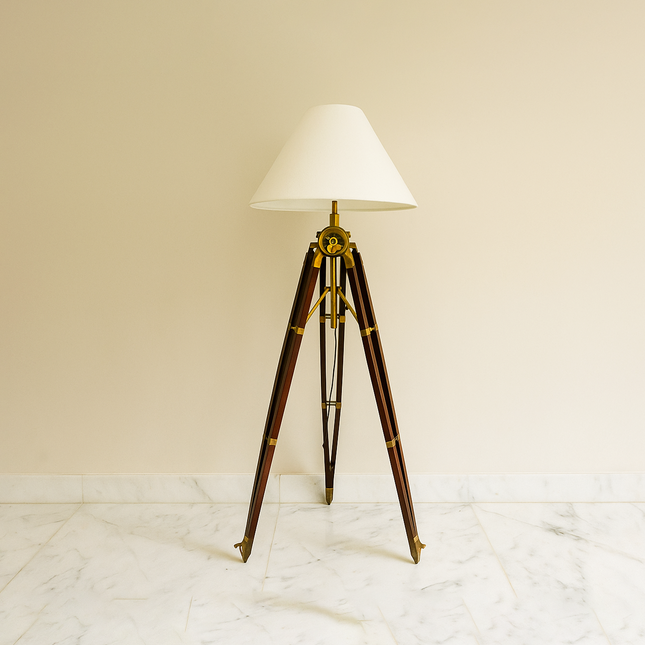 Rustic Sheesham Wood Tripod Floor Lamp - Antique Brass Finish Rose Gold