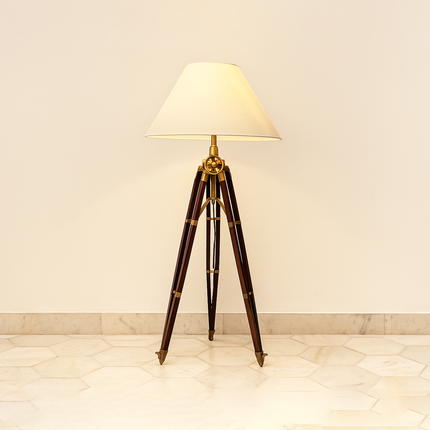 Rustic Sheesham Wood Tripod Floor Lamp - Antique Brass Finish Rose Gold