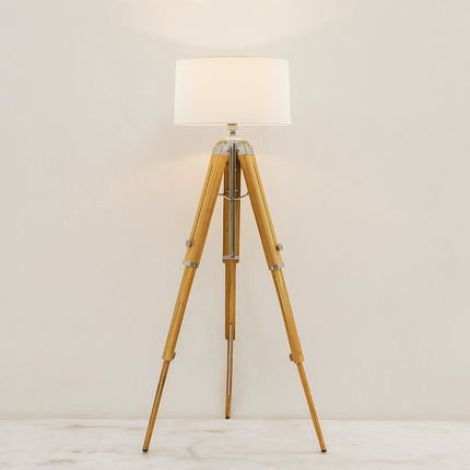 Natural Teak Wood Tripod Floor Lamp: Adjustable Corner Lighting silver