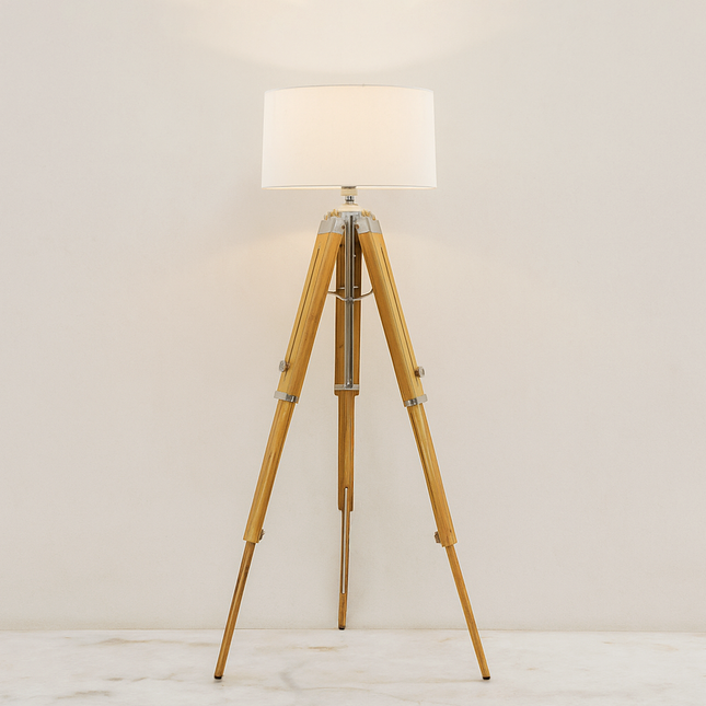 Natural Teak Wood Tripod Floor Lamp: Adjustable Corner Lighting silver