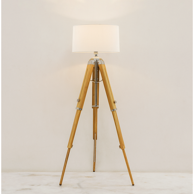 Natural Teak Wood Tripod Floor Lamp: Adjustable Corner Lighting silver