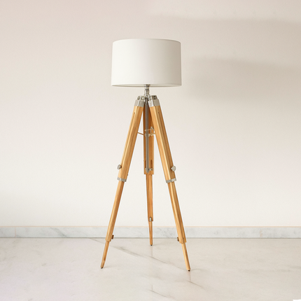Natural Teak Wood Tripod Floor Lamp: Adjustable Corner Lighting silver