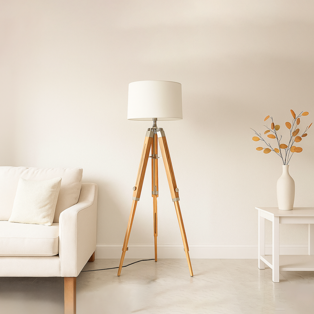 Natural Teak Wood Tripod Floor Lamp: Adjustable Corner Lighting silver