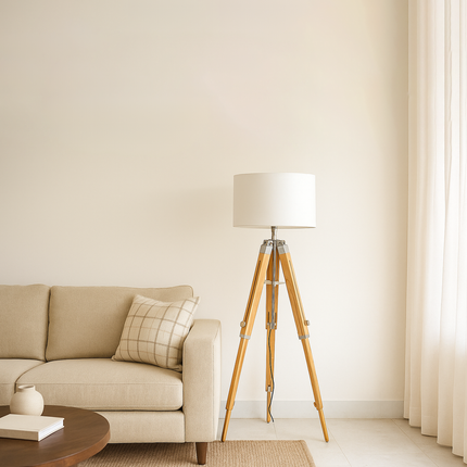 Natural Teak Wood Tripod Floor Lamp: Adjustable Corner Lighting silver