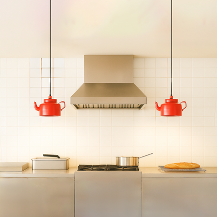 Red Teapot Hanging Lamp: Quirky Vintage Style Light Fixture Red