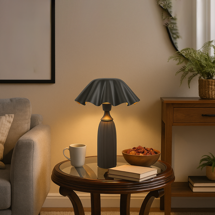 Table Lamp – Contemporary Matte Black Cone Base Table Lamp with Wavy Sculpted Shade | Modern Designer Bedside Lighting
