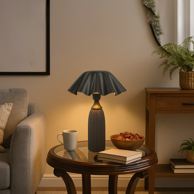 Table Lamp – Contemporary Matte Black Cone Base Table Lamp with Wavy Sculpted Shade | Modern Designer Bedside Lighting