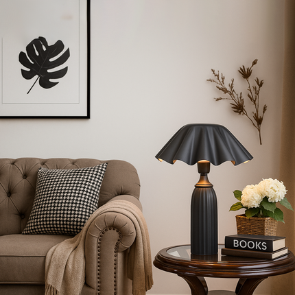 Table Lamp – Contemporary Matte Black Cone Base Table Lamp with Wavy Sculpted Shade | Modern Designer Bedside Lighting