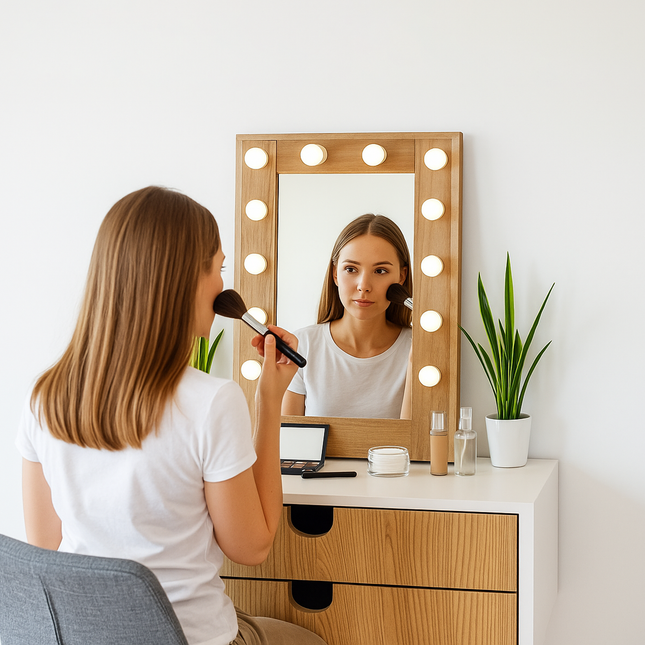 Makeup Vanity Mirror with LED Light Bulbs Wooden Frame for Bedroom Dressing Table Salon Beauty Studio Modern Decorative Mirror Lamp