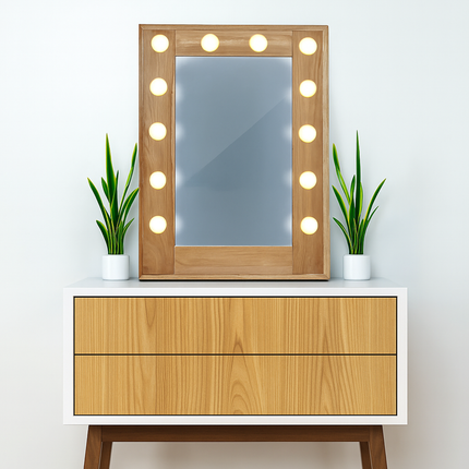 Makeup Vanity Mirror with LED Light Bulbs Wooden Frame for Bedroom Dressing Table Salon Beauty Studio Modern Decorative Mirror Lamp