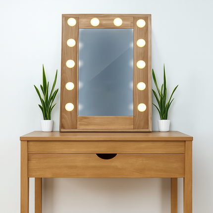 Makeup Vanity Mirror with LED Light Bulbs Wooden Frame for Bedroom Dressing Table Salon Beauty Studio Modern Decorative Mirror Lamp