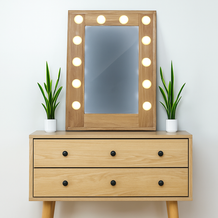 Makeup Vanity Mirror with LED Light Bulbs Wooden Frame for Bedroom Dressing Table Salon Beauty Studio Modern Decorative Mirror Lamp