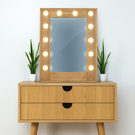 Makeup Vanity Mirror with LED Light Bulbs Wooden Frame for Bedroom Dressing Table Salon Beauty Studio Modern Decorative Mirror Lamp