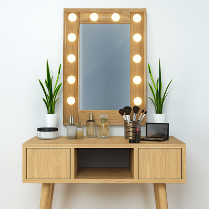Makeup Vanity Mirror with LED Light Bulbs Wooden Frame for Bedroom Dressing Table Salon Beauty Studio Modern Decorative Mirror Lamp