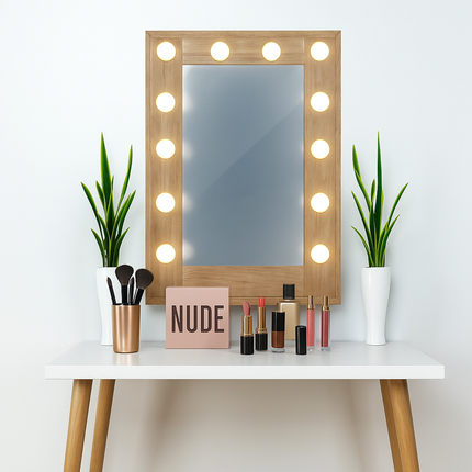 Makeup Vanity Mirror with LED Light Bulbs Wooden Frame for Bedroom Dressing Table Salon Beauty Studio Modern Decorative Mirror Lamp