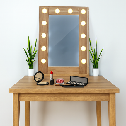 Makeup Vanity Mirror with LED Light Bulbs Wooden Frame for Bedroom Dressing Table Salon Beauty Studio Modern Decorative Mirror Lamp