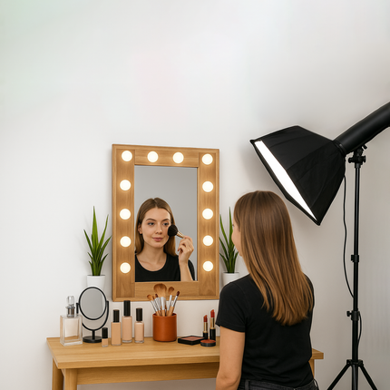 Elegant Hollywood Vanity Set – Illuminated Mirror with Luxe Makeup Table and Designer Accents Wood