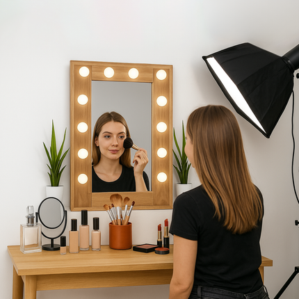 Makeup Vanity Mirror with LED Light Bulbs Wooden Frame for Bedroom Dressing Table Salon Beauty Studio Modern Decorative Mirror Lamp