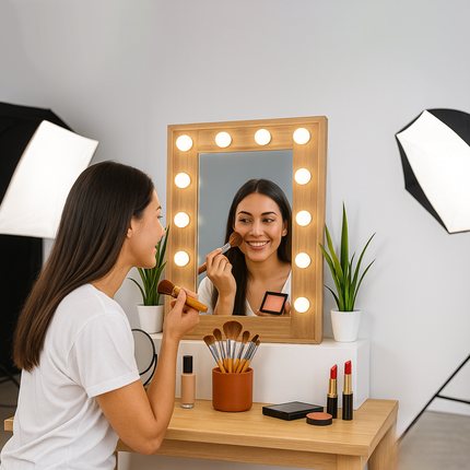 Makeup Vanity Mirror with LED Light Bulbs Wooden Frame for Bedroom Dressing Table Salon Beauty Studio Modern Decorative Mirror Lamp