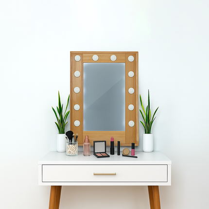 Elegant Hollywood Vanity Set – Illuminated Mirror with Luxe Makeup Table and Designer Accents Wood