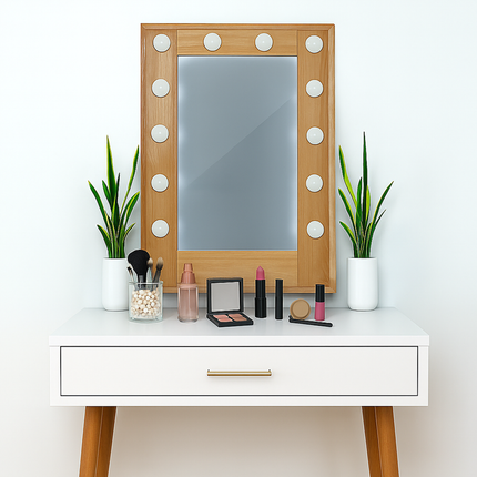Makeup Vanity Mirror with LED Light Bulbs Wooden Frame for Bedroom Dressing Table Salon Beauty Studio Modern Decorative Mirror Lamp