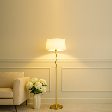 Handmade Brass Floor Lamp with White Shade: Mid Century Modern wood