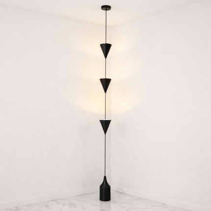 Cone Pendant Floor Lamp in Matte Black Color Minimalist Hanging Floor Lamp with Floating Cone Shades for Luxury Living Room Decor