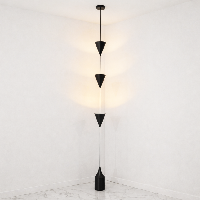 Cone Pendant Floor Lamp in Matte Black Color Minimalist Hanging Floor Lamp with Floating Cone Shades for Luxury Living Room Decor