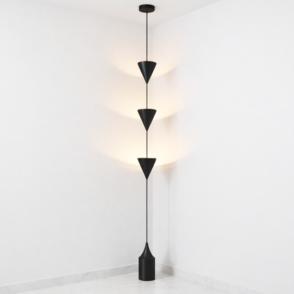 Cone Pendant Floor Lamp in Matte Black Color Minimalist Hanging Floor Lamp with Floating Cone Shades for Luxury Living Room Decor