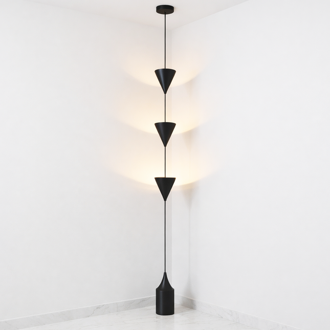 Cone Pendant Floor Lamp in Matte Black Color Minimalist Hanging Floor Lamp with Floating Cone Shades for Luxury Living Room Decor