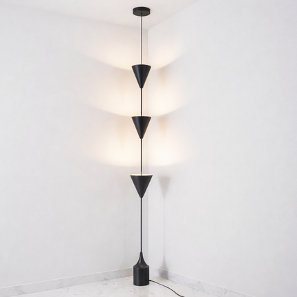 Cone Pendant Floor Lamp in Matte Black Color Minimalist Hanging Floor Lamp with Floating Cone Shades for Luxury Living Room Decor