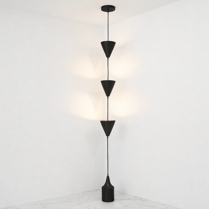 Cone Pendant Floor Lamp in Matte Black Color Minimalist Hanging Floor Lamp with Floating Cone Shades for Luxury Living Room Decor