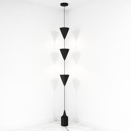 Cone Pendant Floor Lamp in Matte Black Color Minimalist Hanging Floor Lamp with Floating Cone Shades for Luxury Living Room Decor