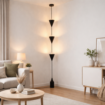 Cone Pendant Floor Lamp in Matte Black Color Minimalist Hanging Floor Lamp with Floating Cone Shades for Luxury Living Room Decor