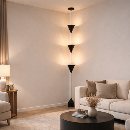 Cone Pendant Floor Lamp in Matte Black Color Minimalist Hanging Floor Lamp with Floating Cone Shades for Luxury Living Room Decor
