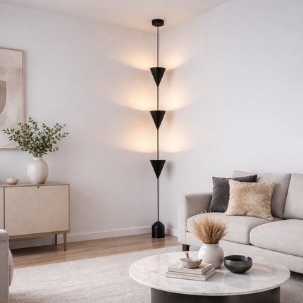 Cone Pendant Floor Lamp in Matte Black Color Minimalist Hanging Floor Lamp with Floating Cone Shades for Luxury Living Room Decor