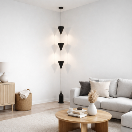 Cone Pendant Floor Lamp in Matte Black Color Minimalist Hanging Floor Lamp with Floating Cone Shades for Luxury Living Room Decor