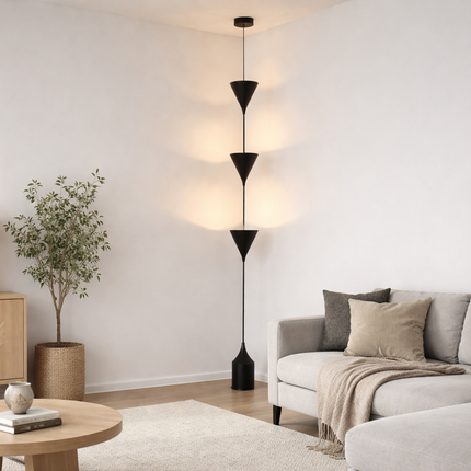 Cone Pendant Floor Lamp in Matte Black Color Minimalist Hanging Floor Lamp with Floating Cone Shades for Luxury Living Room Decor