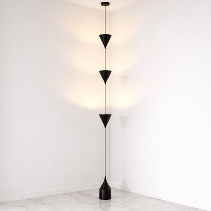 Cone Pendant Floor Lamp in Matte Black Color Minimalist Hanging Floor Lamp with Floating Cone Shades for Luxury Living Room Decor