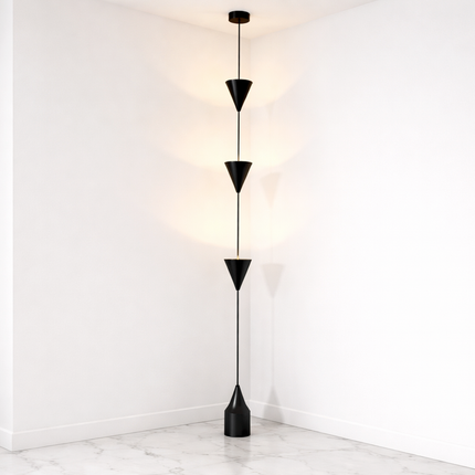 Cone Pendant Floor Lamp in Matte Black Color Minimalist Hanging Floor Lamp with Floating Cone Shades for Luxury Living Room Decor