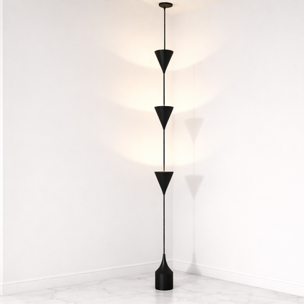 Cone Pendant Floor Lamp in Matte Black Color Minimalist Hanging Floor Lamp with Floating Cone Shades for Luxury Living Room Decor