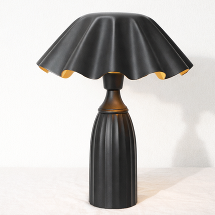 Table Lamp – Contemporary Matte Black Cone Base Table Lamp with Wavy Sculpted Shade | Modern Designer Bedside Lighting
